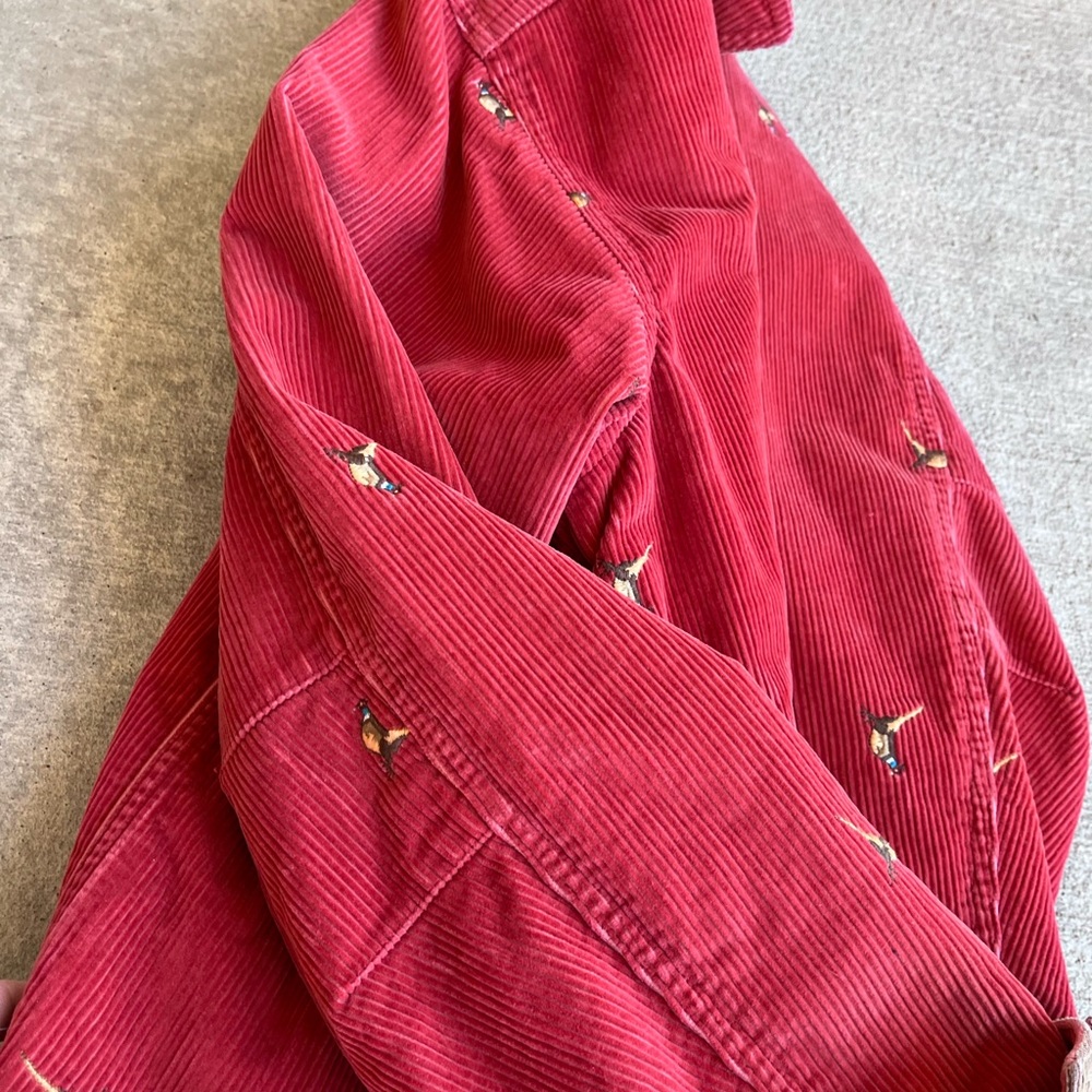 Vintage 90s LLbean corduroy red barn coat embroidered pheasant bird chore jacket - Picture 2 of 5